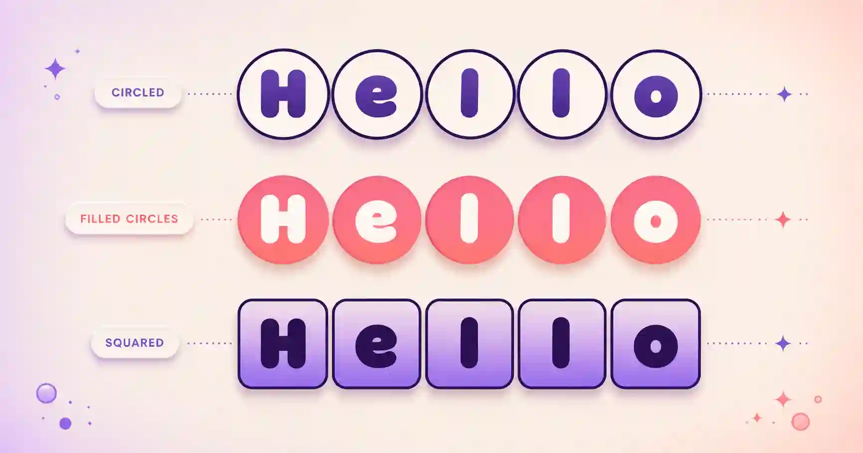 The word Hello shown in open circled, filled circled and squared bubble styles