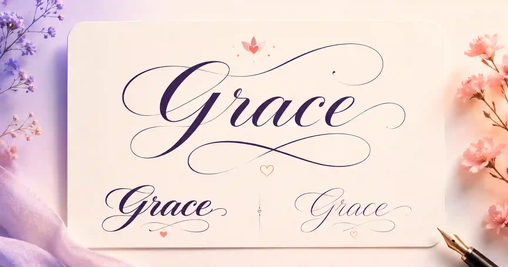 The name Grace shown in script, bold script and double-struck calligraphy styles