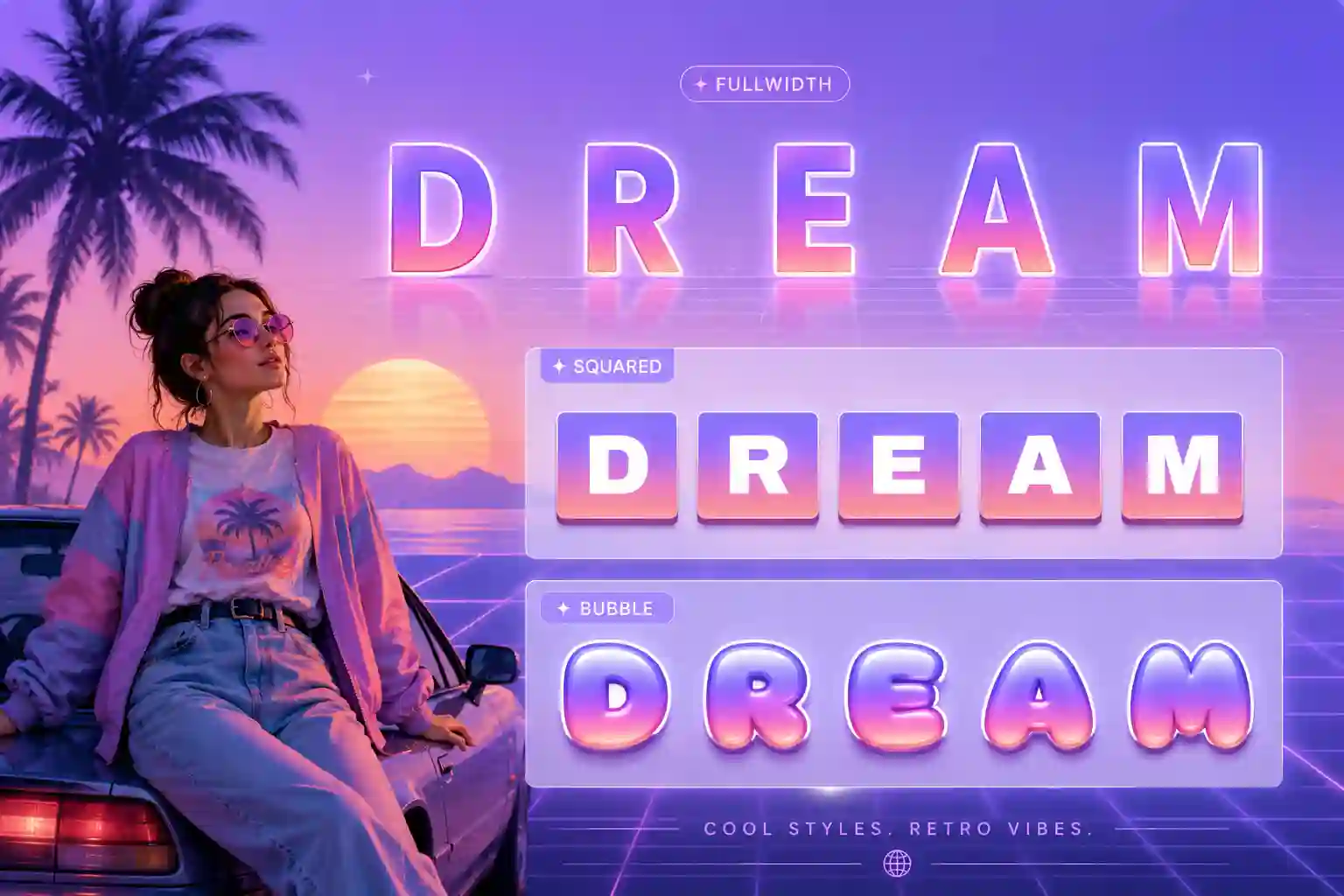 The word Cool shown in vaporwave, squared and bubble styles