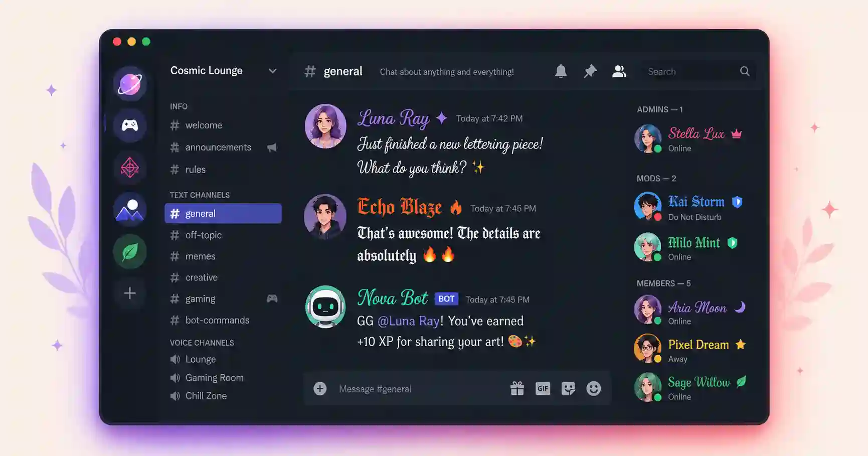 A Discord chat mockup showing a stylish nickname and message
