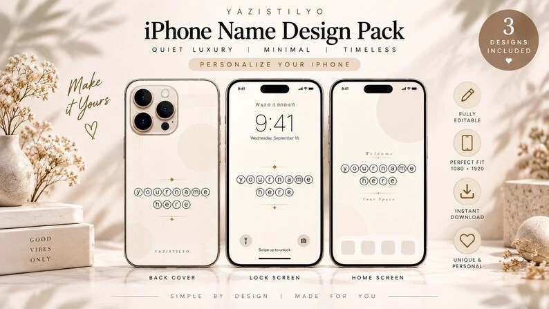 iPhone Name Design Pack — isme özel kilit ekranı, ana ekran ve arka kapak tasarımı seti