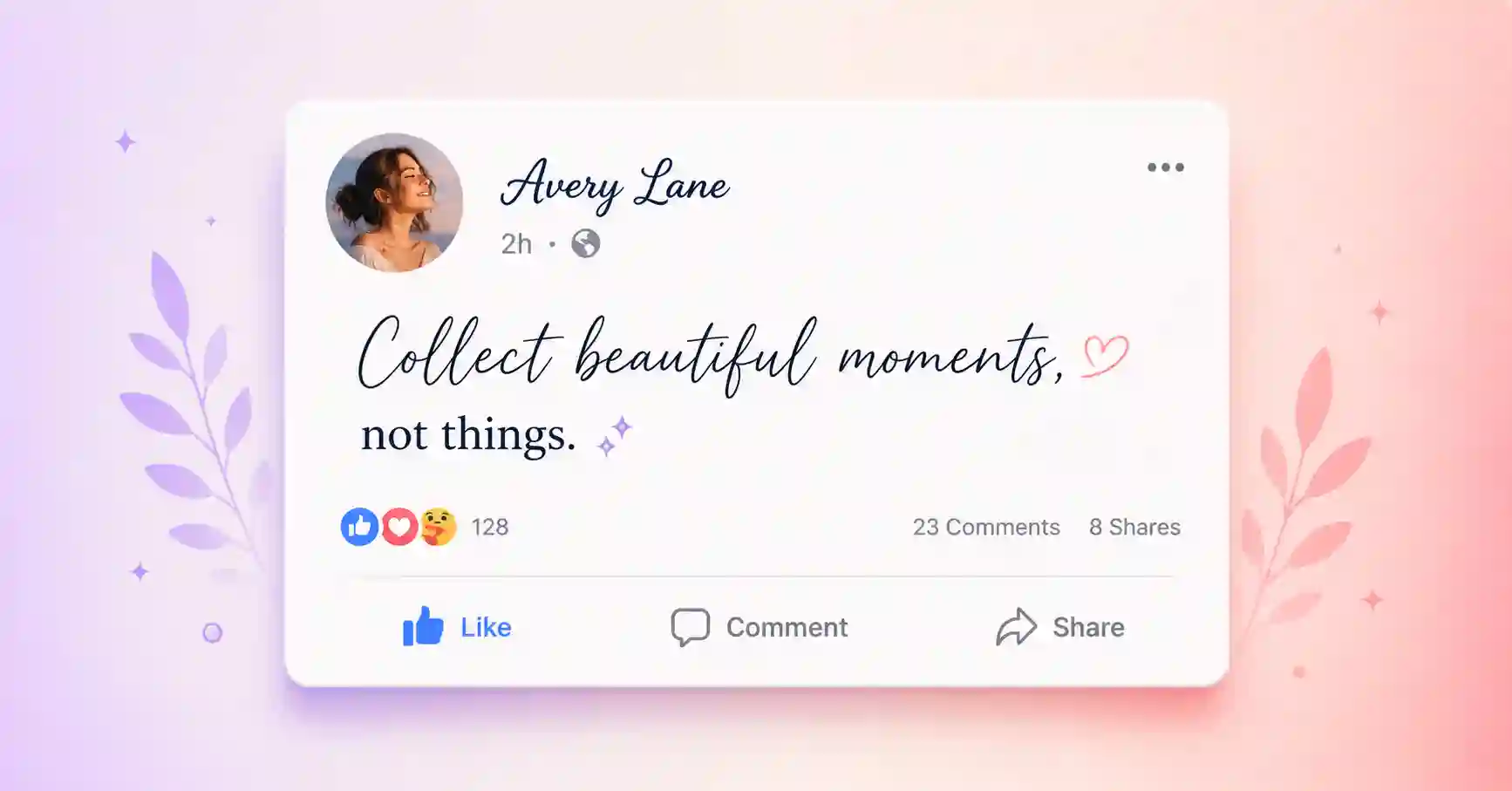A Facebook post mockup showing a stylish font in the text