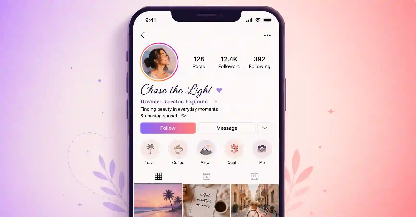 An Instagram profile mockup showing a stylish font in the bio and name